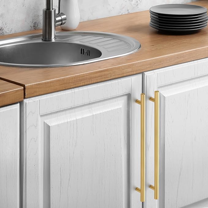 JOY DECOR 30 Pack Cabinet Handles, Gold Cabinet Pulls, 10 in Hole Center Kitchen Cabinet Handles, Stainless Steel T Bar Handles for Dresser Drawers