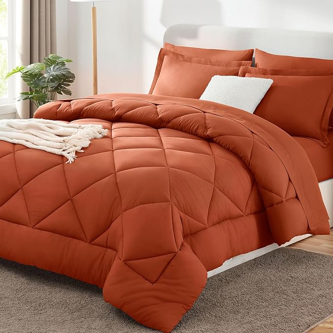 CozyLux Full Size Comforter Sets Burnt Orange - 7 Pieces Bed in a Bag Full, Luxury Soft Bed Set for All Seasons, Bedding Set with Down Alternative Comforter, Sheets, Pillowcases & Shams, Terracotta