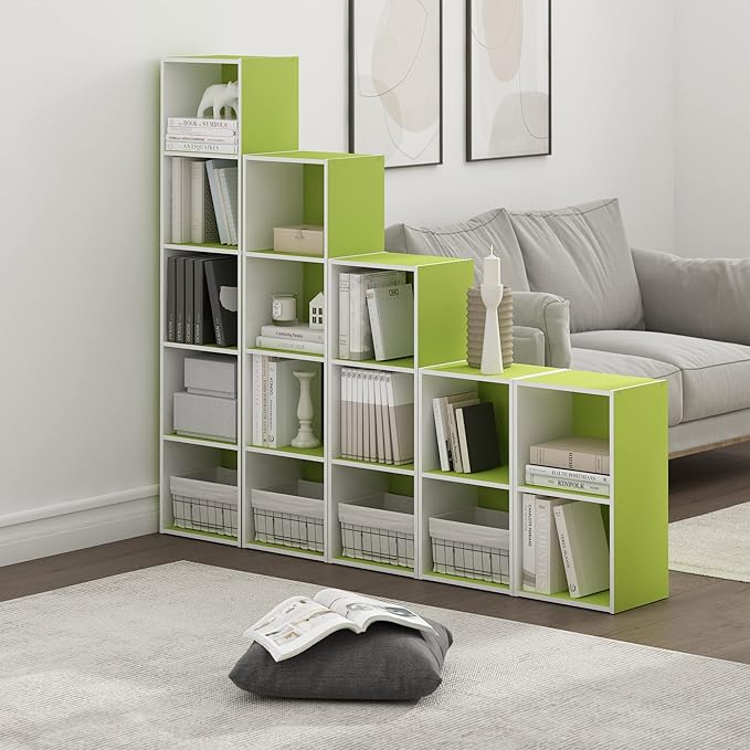 Furinno PASIR Book Shelf, 4-Tier Modern Bookshelf, Open Shelves Bookcase 9" x 12" x 42", for Living Room, Bedroom, Home Office, Green/White