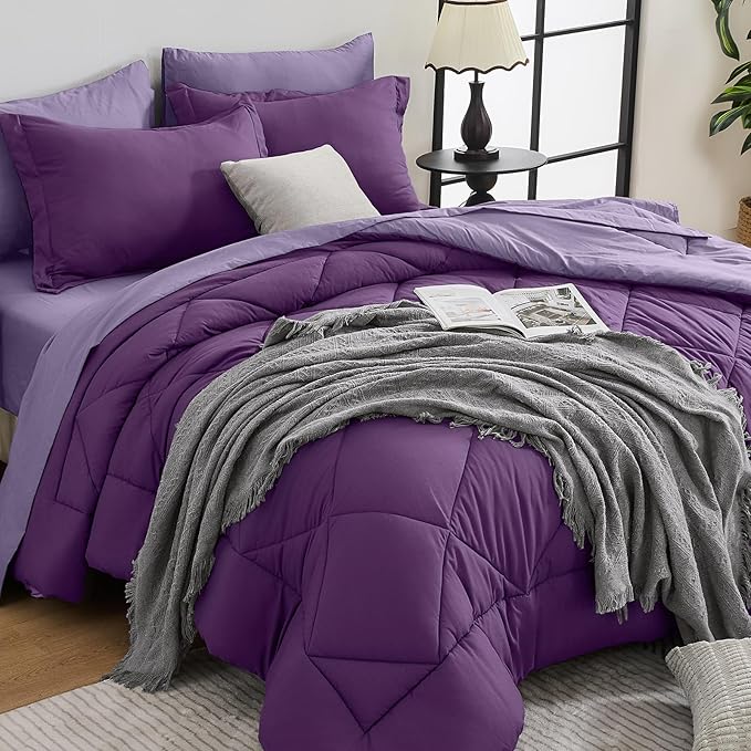 HEVUMYI Purple & Light Purple Twin-XL Comforter Set - 5-Piece All Season Bed in a Bag Twin-XL, Ultra Soft Bedding Set with Comforter, Flat Sheet, Fitted Sheet, Pillowcases, Pillow Shams