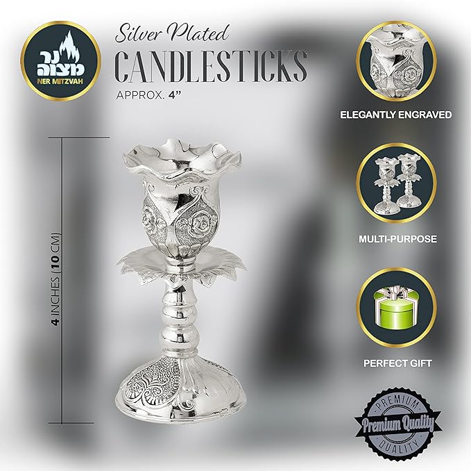 Ner Mitzvah Silver Plated Candlesticks, Pair of 4 Inch Ornate Candle Holders with Round Base and Floral Design (Pack of 2)