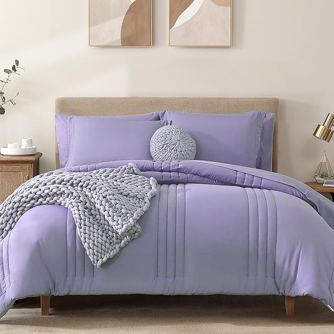 Monbix Queen Comforter Set - 7 Pieces Light Purple Bed in a Bag Queen Bedding Sets with Comforters, All Seasons Down Alternative Comforter Bed Set with Sheets, Pillowcases & Shams