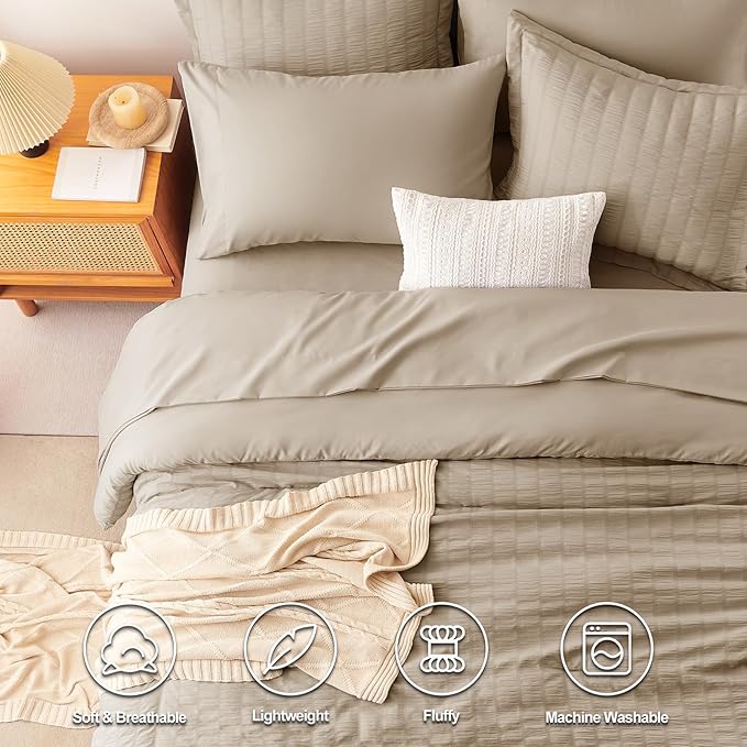 CozyLux King Size Comforter Set Taupe Seersucker 7 Pieces Bed in a Bag King Comforter Set with Sheets, Luxury Soft Bedding Set with Down Alternative Comforter, Sheets, Pillowcases & Shams All Seasons