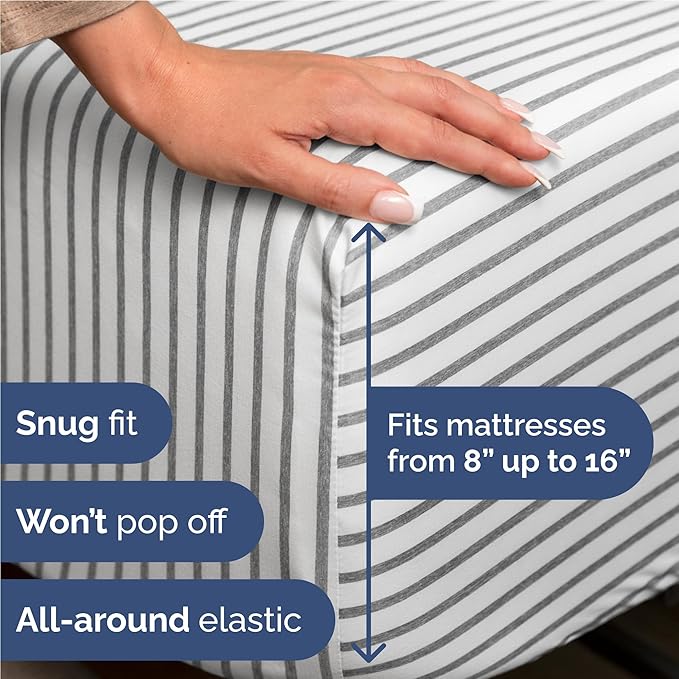 Twin XL 4 Piece Sheet Set - Comfy Breathable & Cooling - Soft Hotel Luxury Bedding Set with 8-16 Inch Deep Pockets - 1 Flat & 1 Fitted Sheet & 2 Pillowcases - Wrinkle Free & Easy Care - Grey Stripes 2