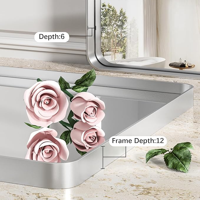 Hasipu Brushed Silver Bathroom Mirror 63x35 Inch Rounded Rectangle Vanity Mirror Metal Framed Wall Mirrors Anti-Rust Surface Mount (Hangs Horizontal or Vertical)