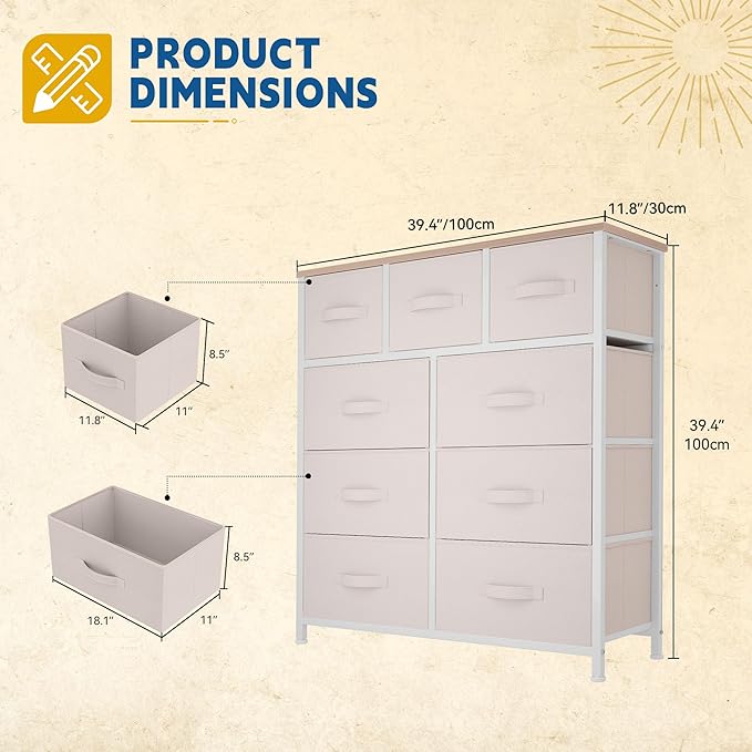 DWVO Dresser with 9 Drawers - Fabric Storage Tower, Organizer Unit for Living Room, Hallway - Sturdy Steel Frame, Wooden Top & Easy Pull Fabric Bins
