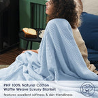 PHF Pre-Washed Cotton Waffle Weave Blanket Throw Size for Couch Bed,Snag Proof Spring Summer Lightweight Breathable,Oeko-TEX Certified,Machine Washable, Home Decor Gift，Sky Blue/Baby Blue