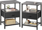Huuger Nightstand Set of 2, Night Stand with Fabric Drawer, Mesh Shelf, Side Table with Storage, Fabric Drawer Dresser, Open Shelf, Metal Frame, Bedroom, Charcoal Gray