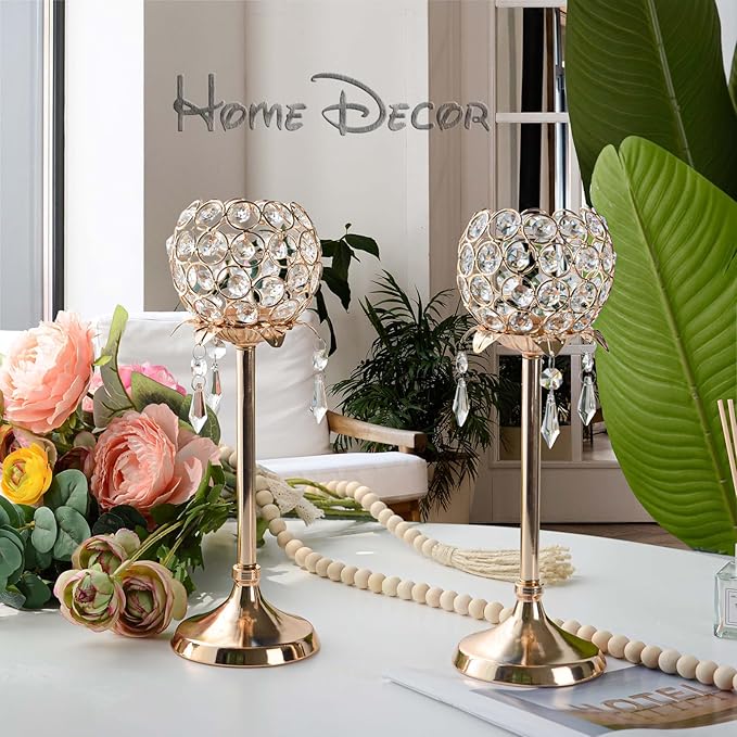 Crystal Tea Light Candlestick Holders Flower Shape with Crystal Pendant Bowl Votive Metal Candle Holder for Table Centerpieces Wedding Home Decor (Set of 2 high, Gold)