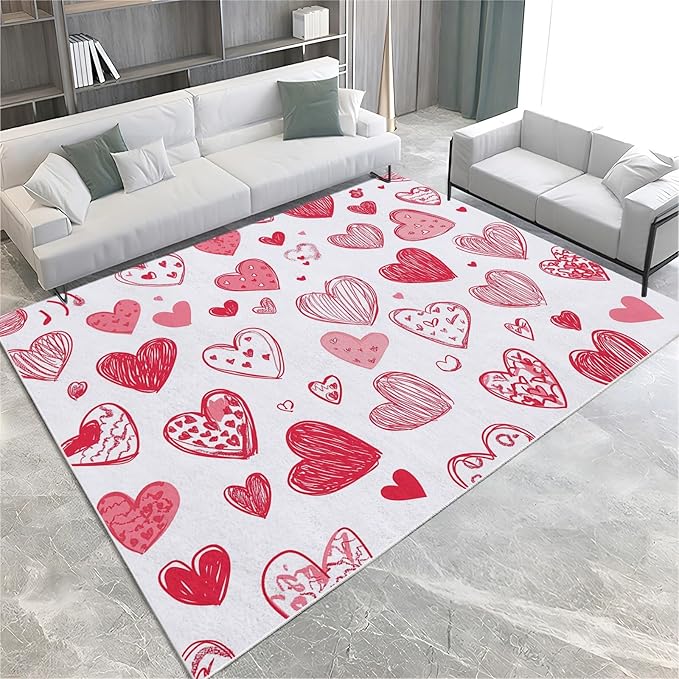 Washable Area Rug 6x9 ft Cartoon Hand-Painted Red Love 3D Print Area Rug for Living Room Bedroom Kids Room Home Decor Carpet, Indoor Non-Slip Floor Rug Mat, Low Pile Rugs
