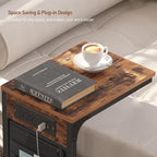 TUTOTAK C Shaped End Table with Charging Station, Side Table for Sofa, Couch with Storage Bag, Set of 2, TV Tray with 2 USB Ports and Outlets for Living Room, Bedroom, Brown TB01BB0242