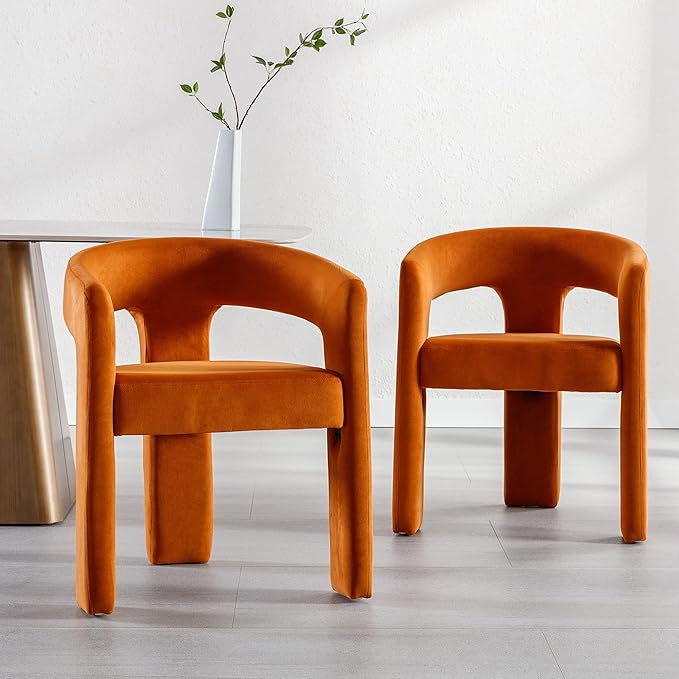 Modern Barrel Dining Chairs Set of 2, Velvet Upholstered Accent Side Chair with Arms Comfy Makeup Vanity Chairs, Dining Living Room Kitchen Chairs, Orange