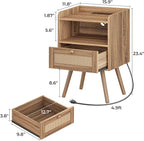 SUPERJARE Nightstand with Charging Station & Rattan-Like Decor Drawer, Rattan End Table with Solid Wood Feet, Bed Side Table with Open Storage, for Bedroom, Living Room, Dormitory, Walnut