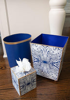 Jaye's Studio Mattie Line, Oval Wastebasket & Garbage Bin, Gold Trim & Finish, Hand-Painted, Handcrafted Metal, Trash Bin for Bedroom, Office, Bathroom, 12" x 10" x 8" (Navy)