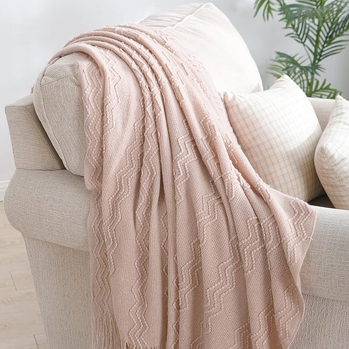 BOURINA Pink Throw Blanket 50 x90 Inches Throw Textured Solid Soft Sofa Throw Bed Runner Couch Cover Knitted Decorative Blanket Bed Runner