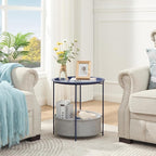 VECELO Round Side/End Table with Fabric Storage Basket，Metal Anti-Rust and Waterproof Small Bedside Nightstand with Removable Tray Top for Living Room，Balcony & Laundry，Blue /2pcs with Basket