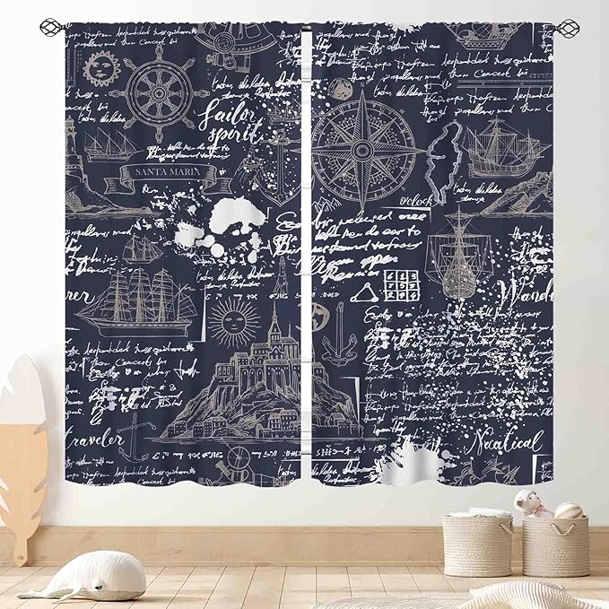 Vintage Nautical Curtains, Marine Coastal Sailboat Compass Anchor Ocean Beach Old Pirate Map Navy Blue Blackout Retro Drapes for Bedroom Living Room Kitchen Bathroom Window 2 Panels, 42"x45" Inch