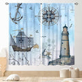 Nautical Curtains, Vintage Marine Coastal Sailboat Compass Anchor Ocean Beach Lighthouse Watercolor Blue Decorative Drapes for Bedroom Living Room Kitchen Bathroom Window 2 Panels Set, 63"x63" Inch
