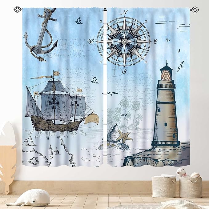 Nautical Curtains, Vintage Marine Coastal Sailboat Compass Anchor Ocean Beach Lighthouse Watercolor Blue Decorative Drapes for Bedroom Living Room Kitchen Bathroom Window 2 Panels Set, 52"x84" Inch