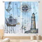 Nautical Curtains, Vintage Marine Coastal Sailboat Compass Anchor Ocean Beach Lighthouse Watercolor Blue Decorative Drapes for Bedroom Living Room Kitchen Bathroom Window 2 Panels Set, 52"x84" Inch