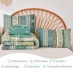 Cottolester Boho King Comforter Set 8 Pieces,Green Bohemian Comforter Paisley Striped Bed in A Bag,Soft Microfiber Bedding Set for All Season