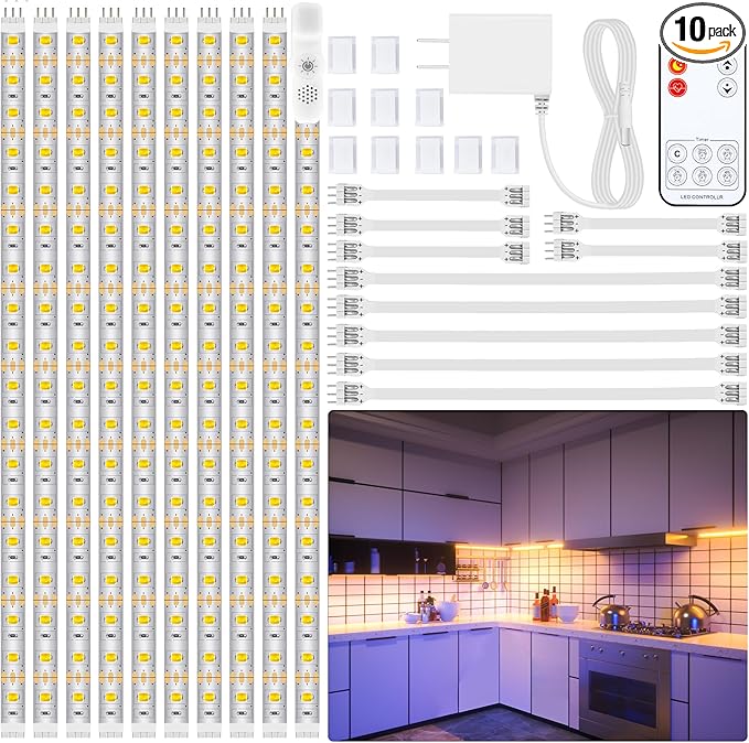LAFULIT 10 PCS Under Cabinet Lights Kit, Stick on Lights, Flexible Led Strip Lights with Remote and Power Adapter, for Kitchen Cabinets Shelf Desk Counter Corner, 2700K Warm White, 16.4ft