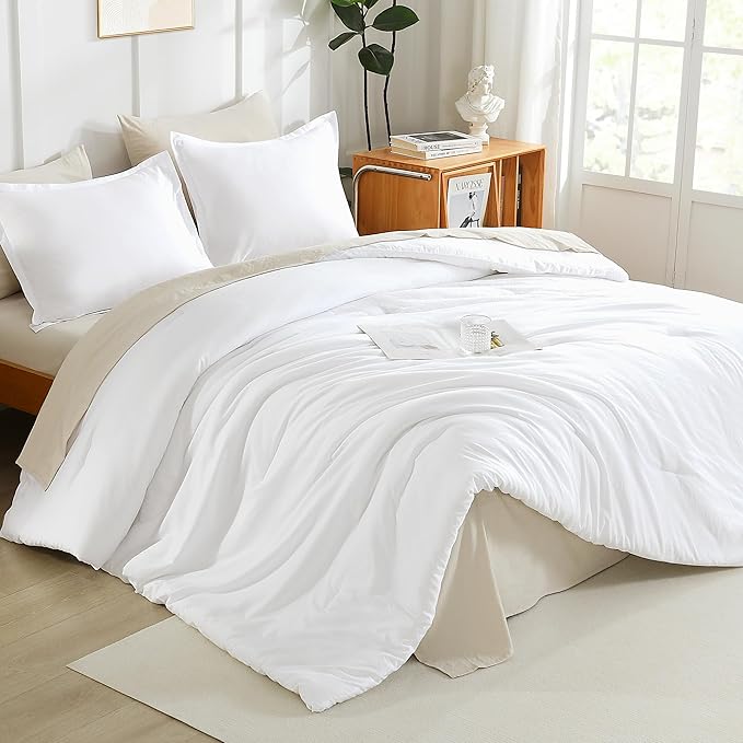 Litanika White Comforter Full Size Set, 3 Pieces Lightweight Solid Bedding Comforter Set, All Season Fluffy Bed Set