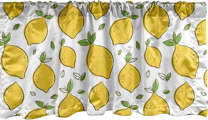 Ambesonne Lemons Window Valance Pack of 2, Continuous Citrus Fruits Leaves Refreshing Cartoon Pattern, Rod Pocket Curtain Valances for Kitchen Bedroom, 54" X 18", Lime Green Earth Yellow