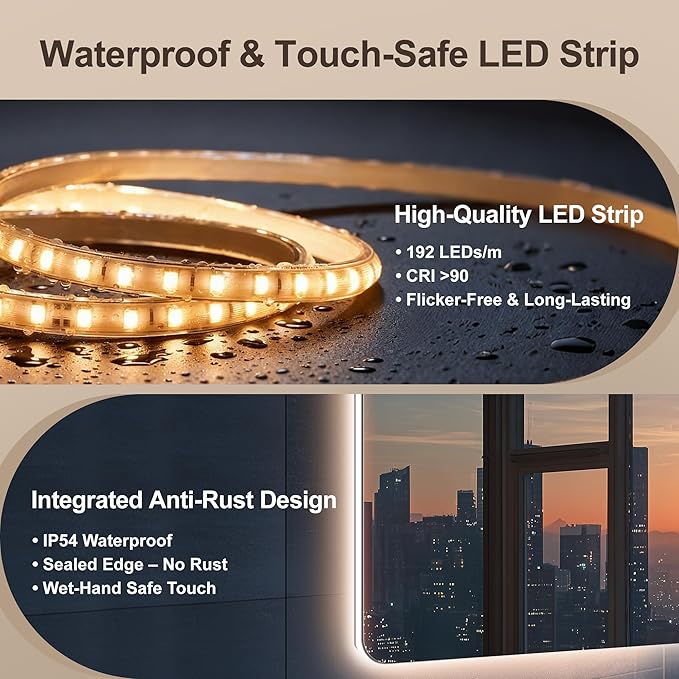 60''x36'' Lighted Mirrors for Bathroom Wall Backlit Rectangular Rounded Corners, LED Bathroom Mirror Frameless with Lights Anti Fog, Dimmable, 3 Colors,Tempered Glass, Shatter-Prooff (Color 2)