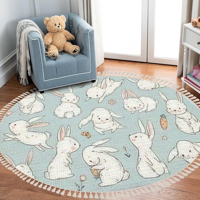Round Rugs Cute Bunny Carrot Collection Hand Drawn Boho Area Rug Linen and Cotton Carpet Meditation Rug Washable Hallway Runner Mat Accent Rug for Bedroom Bathroom 3ft
