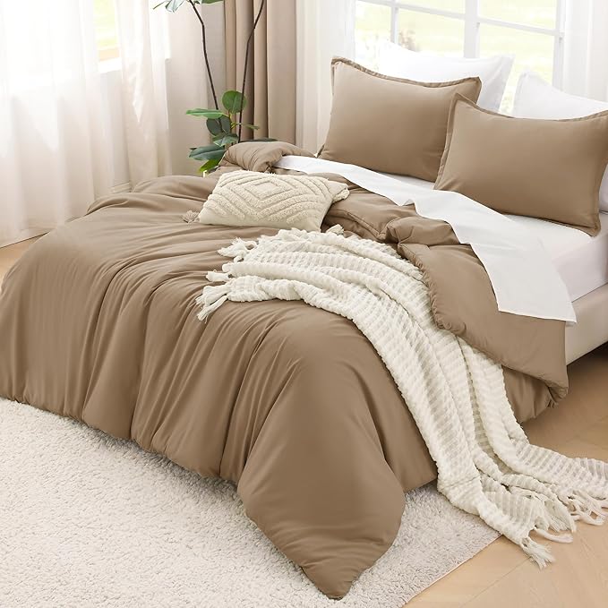 Litanika California King Size Taupe Comforter Set, 3 Pieces Cal King Solid Bedding Comforter Set, All Season Fluffy Bed Set (104x96In Comforter & 2 Pillowcases)