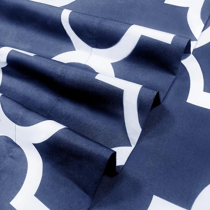 Mejoroom Full Bed Sheet Set - Super Soft Brushed Microfiber 1800 Thread Count Full Sheets with 16 inch Deep Pocket - Wrinkle Free - 4 Piece(Navy Quatrefoil with White Pattern)