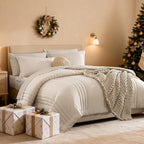 Monbix Queen Comforter Set - 7 Pieces Beige Bed in a Bag Queen Bedding Sets with Comforters, All Seasons Comforter Bed Set with Sheets,Pillowcases & Shams
