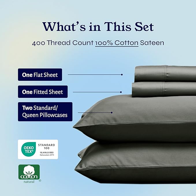 California Design Den Soft Queen Sheet Set - Soft 400 Thread Count Sateen, Natural 100% Cotton Sheets for Queen Size Bed, Deep Pockets for a Snug Fit, Durable Bedding Set - Grey