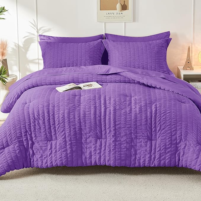 HYMOKEGE Dark Purple Twin XL Comforter Set Seersucker 5 Pieces, All Season Luxury Bed in a Bag for Bedroom, Bedding Set with Comforter, Sheets, Pillowcase & Sham