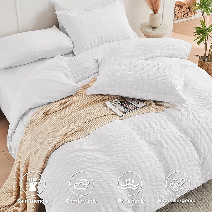 HYMOKEGE White Twin XL Comforter Set Seersucker 5 Pieces, All Season Luxury Bed in a Bag for Bedroom, Bedding Set with Comforter, Sheets, Pillowcase & Sham