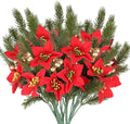 GTIDEA 6pcs Artificial Pine Branches Christmas Greenery Stems with Poinsettias Artificial Christmas Flowers and Berries Fake Green Plants for Xmas Tree Home Porch Table Centerpieces Vase Decor (13.4")
