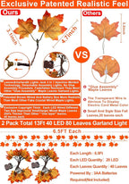Timer & Thicker Leaves - 2 Pack Fall Garland with Lights Thanksgiving Fall Decorations for Home Total 80 Leaves 40LED 13Ft Battery Operated Lighted Thanksgiving Garland Home Indoor Outdoor Christmas