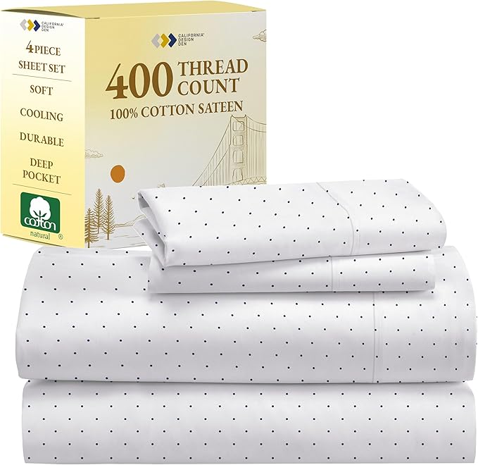 California Design Den Full Size Bed Sheets Set - 400 Thread Count Sateen, Natural 100% Cotton Sheets for Full Size Bed, Deep Pocket Cooling and Durable Bedding Set - Polka Dot