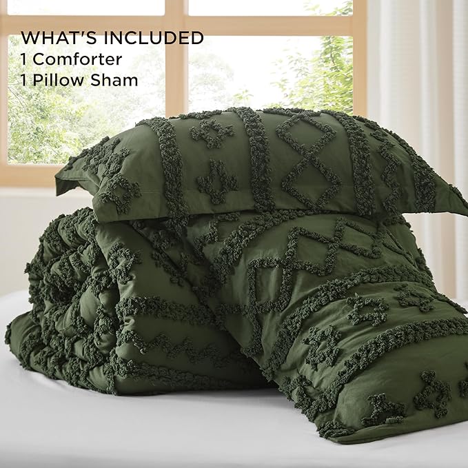 Bedsure Tufted Boho Comforter Set Twin Size - Olive Green Boho Bed Set, GentleSoft™ 2 Pieces Farmhouse Shabby Chic Embroidery Bedding, Gifts for Woman, Soft Jacquard Twin Comforter for All Seasons