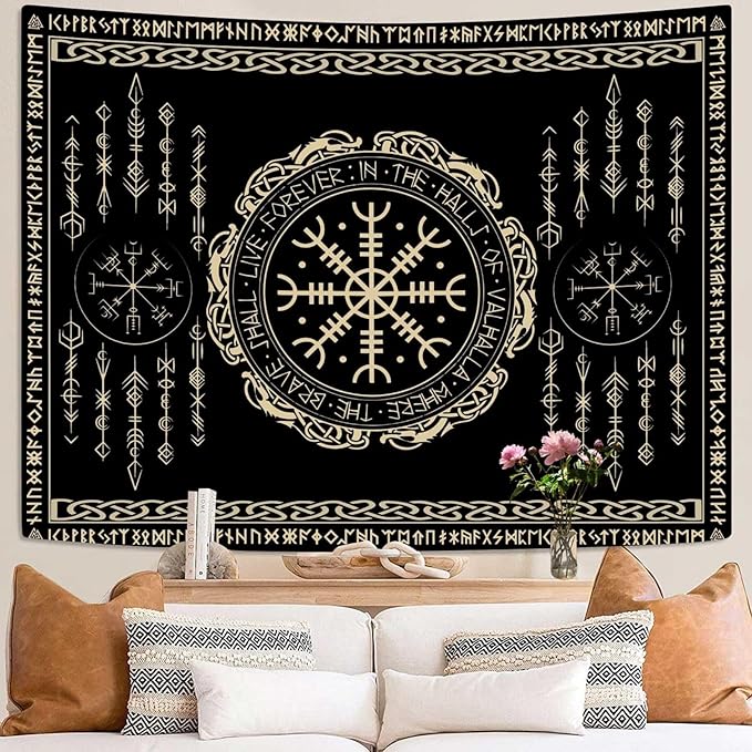 OSUNBD Nordic Vikings Tapestry Large 106x70inches Soft Flannel Vegvsir Symbol Amulet Celtic Rune Scandinavian Aesthetic Mythology Tapestry Wall Hanging for Bedroom Living Room Decor