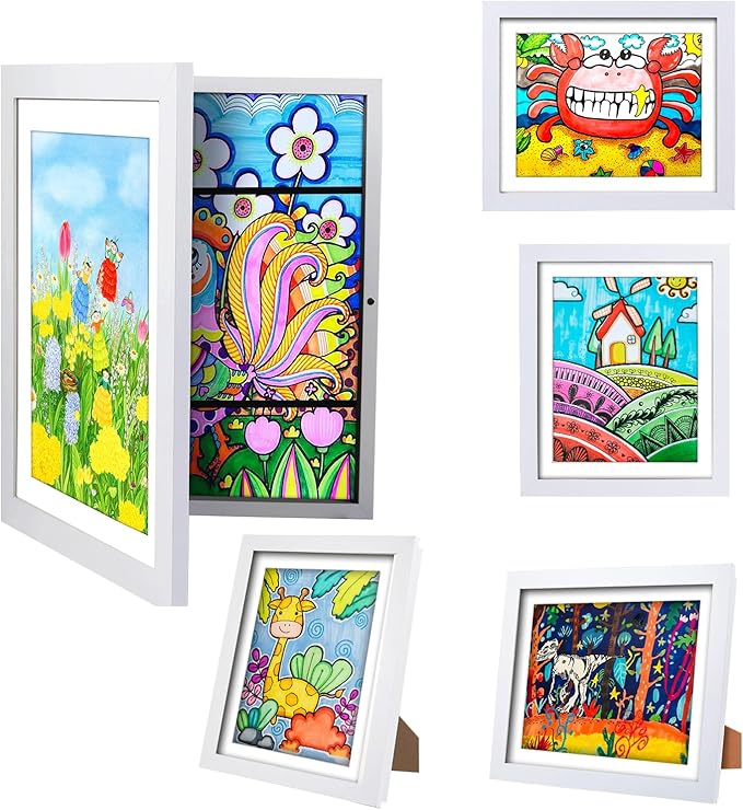 Kids Artwork Frame - Changeable Front Opening, Holds 150 Art Projects, 8.5x11 Picture Display With Storage (White)