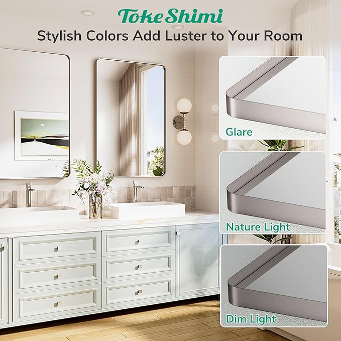 TokeShimi 48x30 Wall Mirror for Bathroom,Brushed Nickel Bathroom Vanity Mirror Modern,Tempered Glass,Large Bathroom Mirror Rectangle,Metal Framed Bathroom Mirror(Horizontal/Vertical)