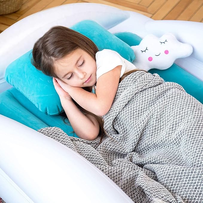 Sleepah Inflatable Toddler Travel Bed Portable Kids Air Mattress Set w Safety Bed Rail Guards for Kids & Toddlers – Set Includes Pump, Carry Case, Pillow & More - Perfect Transitional Cot Aqua