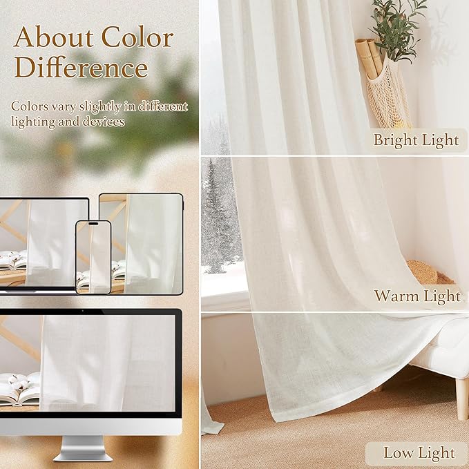 RYB HOME Thick Linen Curtains, Extra 66 inches Widith Light Filtering Semi Translucent Farmhouse Window Treatments for Home Office Living Room Bedroom, W 66 x L 95 inches, Linen, 2 Panels
