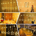 Star Curtain Lights for Bedroom - Plug-in 9ft 138 LED Fairy Twinkle Lights with 12 Star Drops, Connectable Window Lights with Remote 8 Lighting Modes for Indoor Xmas Ramadan Decoration, Warm White