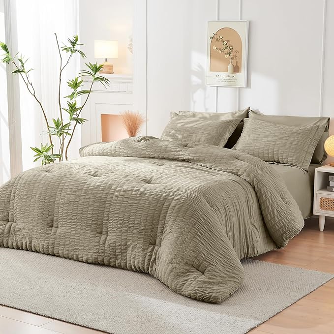 HYMOKEGE Linen Queen Comforter Set Seersucker 7 Pieces, All Season Luxury Bed in a Bag Queen for Bedroom, Bedding Set with Comforter, Sheets, Pillowcases & Shams