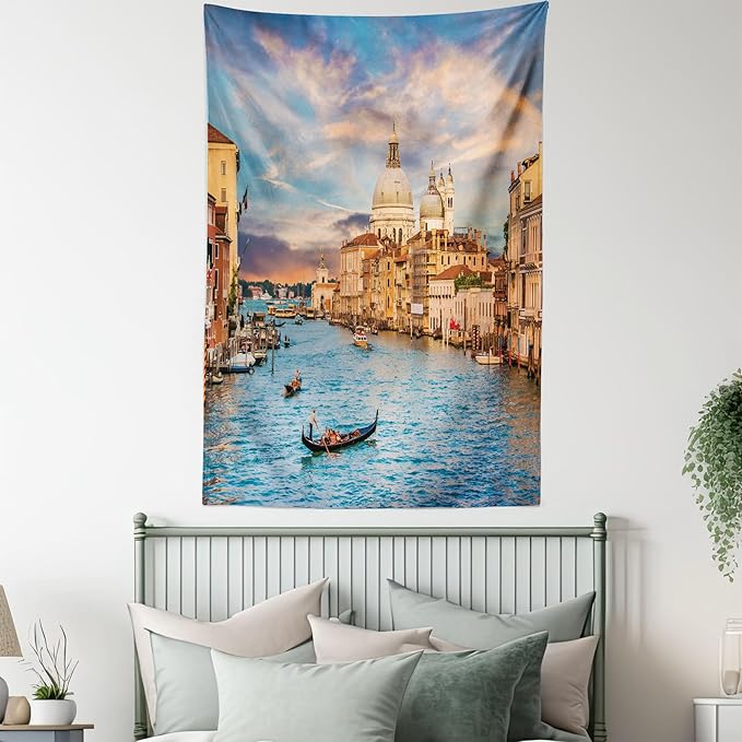 Ambesonne Scenery Tapestry, Gondola on Famous Grand Canal with Romantic View of Italian Architecture Venice, Wall Hanging for Bedroom Living Room Dorm Decor, 60" X 80", Multicolor