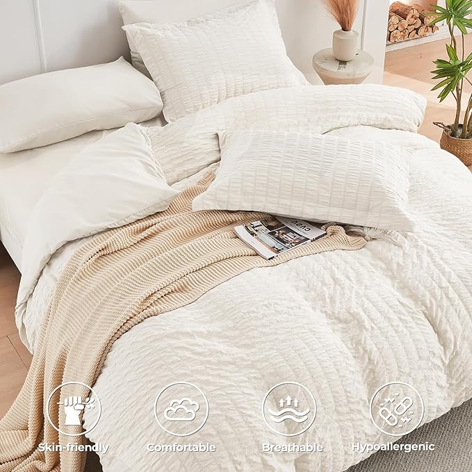 HYMOKEGE Ivory Queen Comforter Set Seersucker 7 Pieces, All Season Luxury Bed in a Bag for Bedroom, Bedding Set with Comforters, Sheets, Pillowcases & Shams