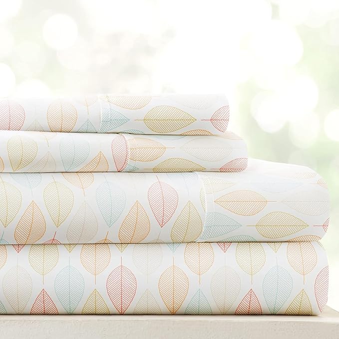 Linen Market Double-Brushed Patterned Microfiber Queen Sheet Set 4 Piece – Oeko-TEX Certified Ultra Soft & Wrinkle-Free - 16" Deep Pocket Sheets - Easy Care Queen Size - Fall Foliage Yellow